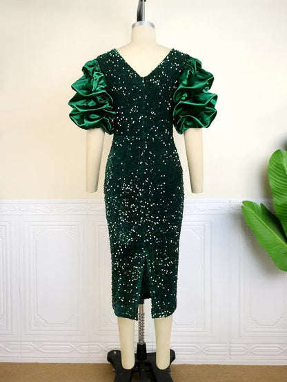 Calixte Sequin Midi Dress for Parties, Puff Sleeves