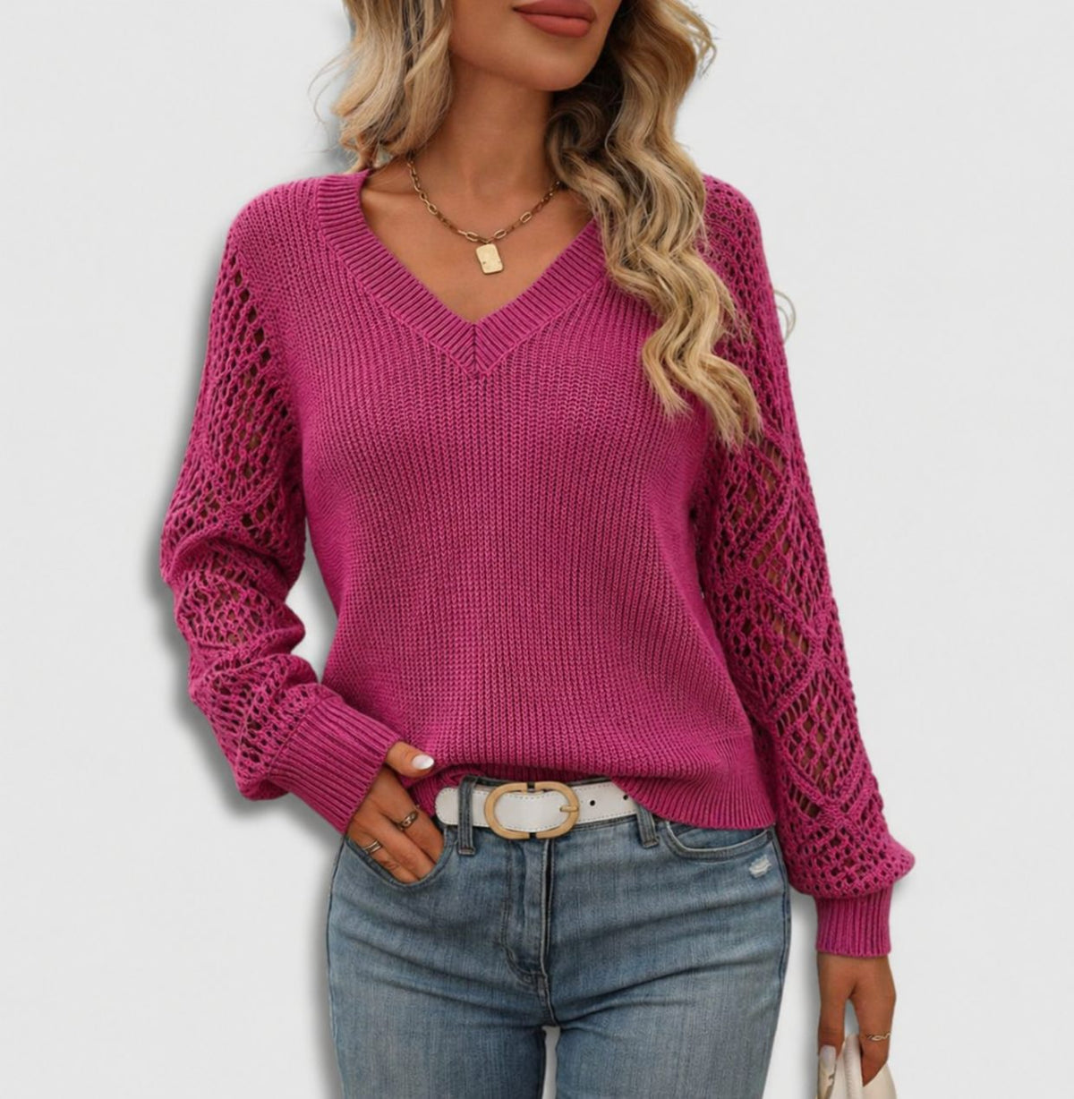 Cunissa Ribbed Knit Sweater with V-Neck