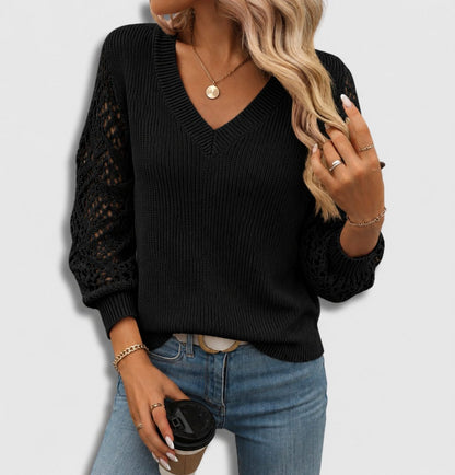 Cunissa Ribbed Knit Sweater with V-Neck