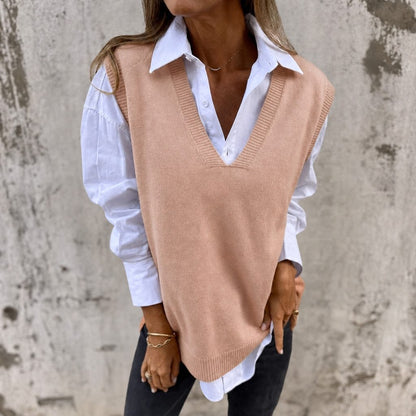 Melisent Ribbed Knit Oversized Vest with V-Neck