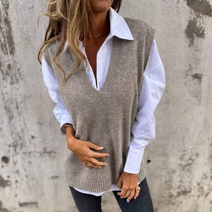 Melisent Ribbed Knit Oversized Vest with V-Neck