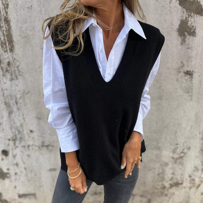 Melisent Ribbed Knit Oversized Vest with V-Neck