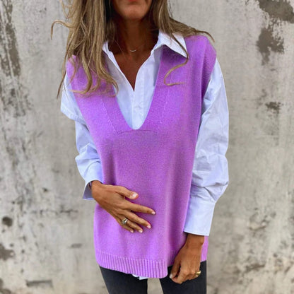 Melisent Ribbed Knit Oversized Vest with V-Neck