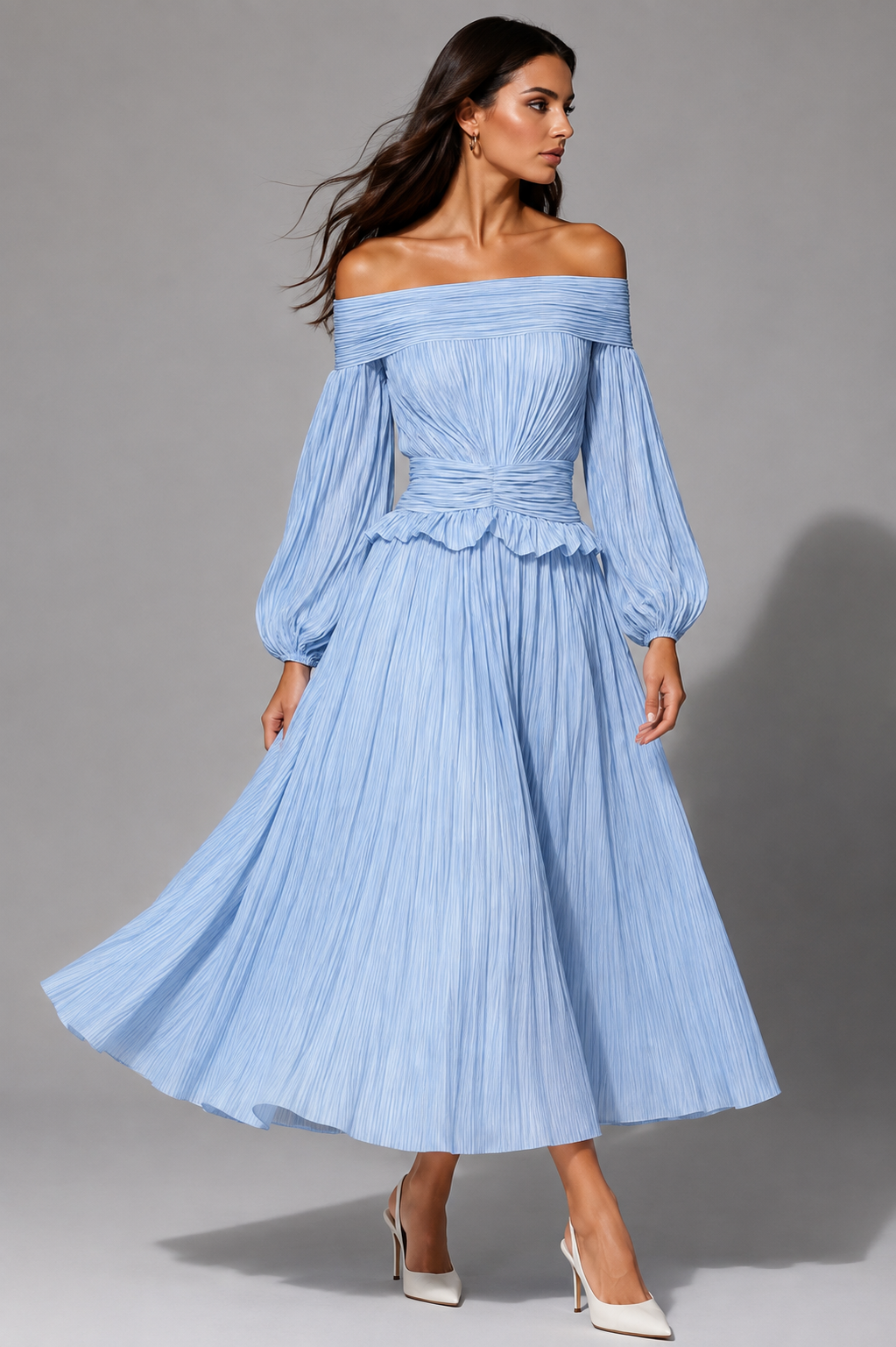 Theophania Off-Shoulder Pleated Midi Dress for Weddings