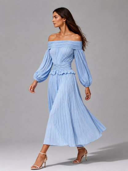 Theophania Off-Shoulder Pleated Midi Dress for Weddings