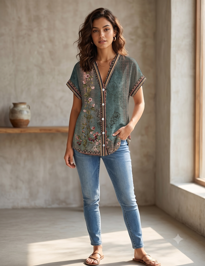 Jeanneton Floral Button-Down V-Neck Blouse