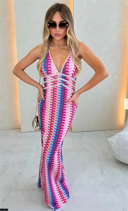 Nicolosa Wedding Guest Halterneck Maxi Dress with V-Neck