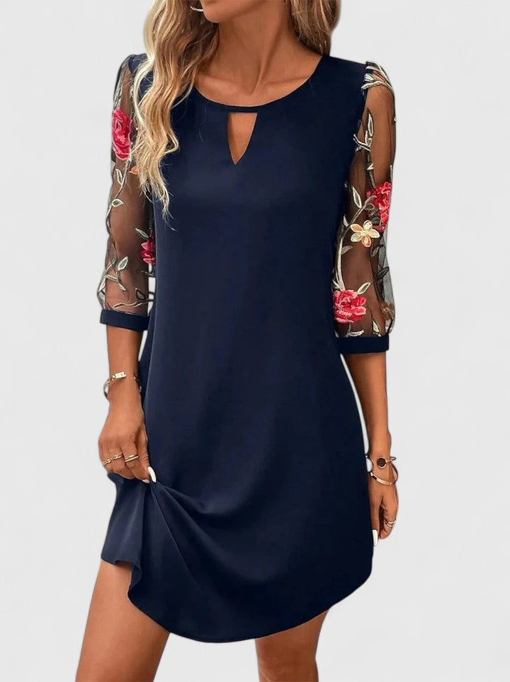 Mirlinda V-Neck Midi Dress with Sheer Floral Sleeves