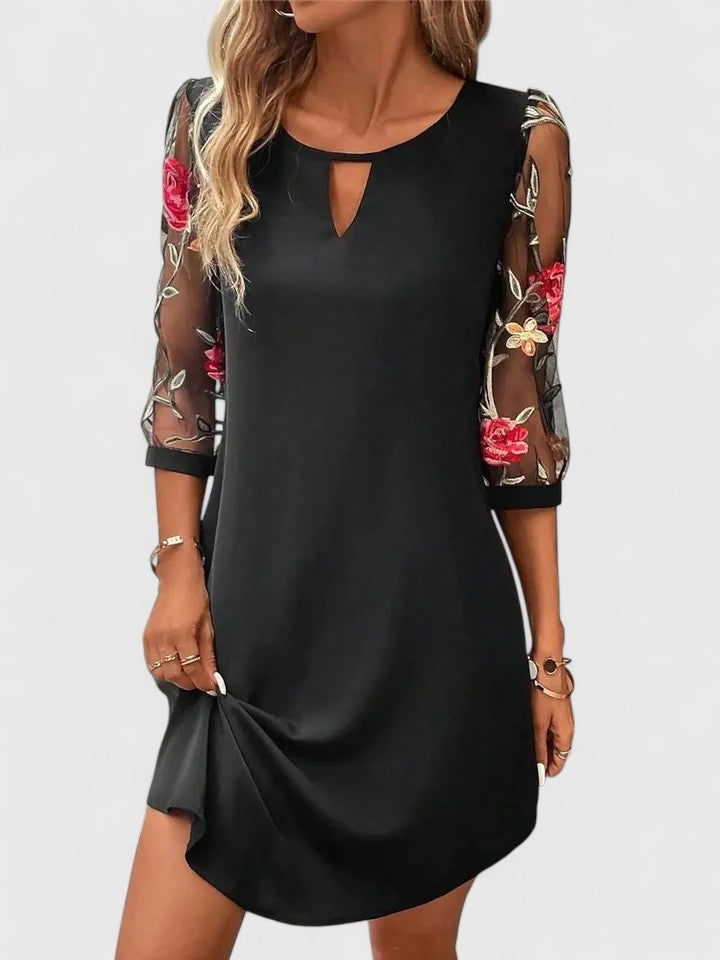 Mirlinda V-Neck Midi Dress with Sheer Floral Sleeves