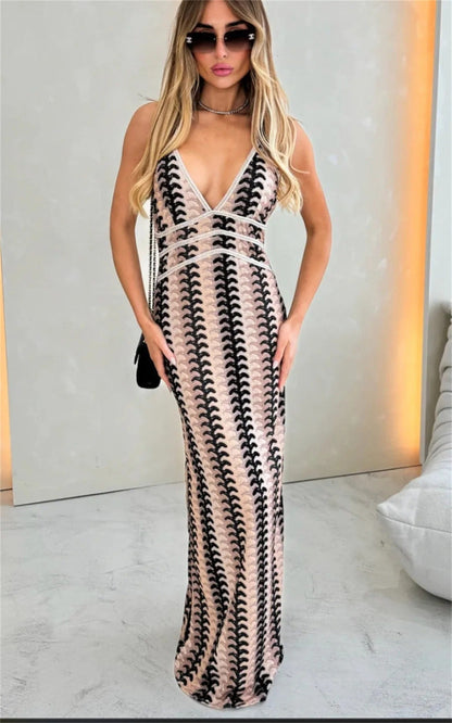 Nicolosa Wedding Guest Halterneck Maxi Dress with V-Neck