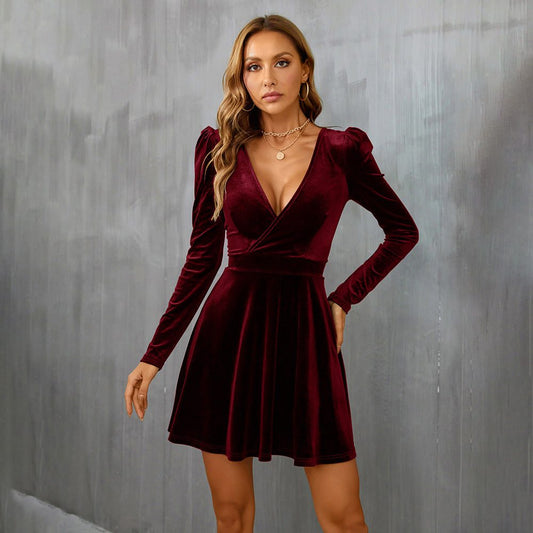 Lanthilde Velvet Mini Dress for Parties, V-Neck