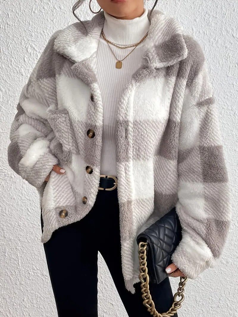 Raoulette Plaid Oversized Fluffy Button-Up Jacket