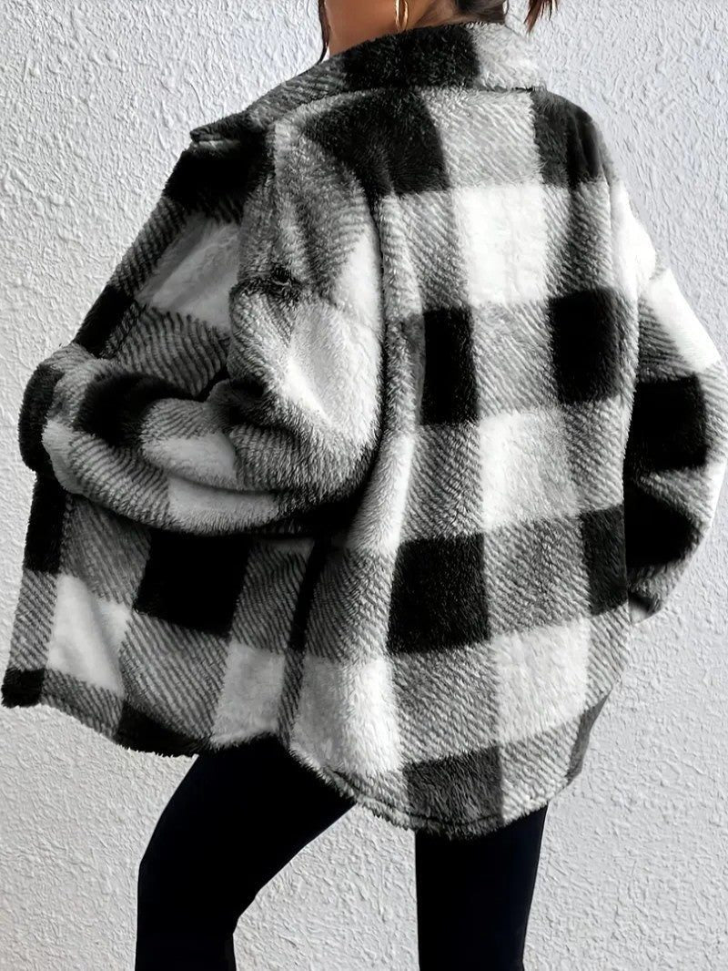 Raoulette Plaid Oversized Fluffy Button-Up Jacket