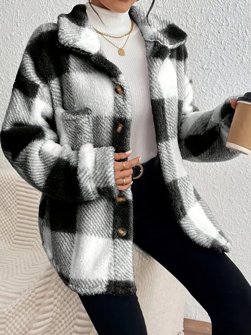 Raoulette Plaid Oversized Fluffy Button-Up Jacket