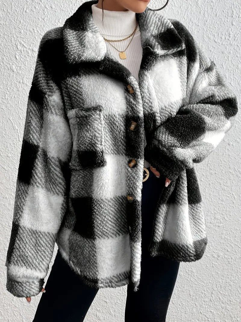 Raoulette Plaid Oversized Fluffy Button-Up Jacket