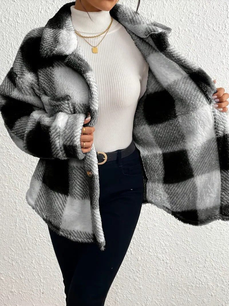 Raoulette Plaid Oversized Fluffy Button-Up Jacket