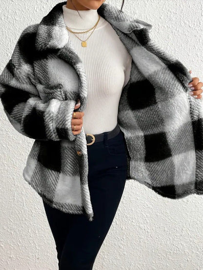 Raoulette Plaid Oversized Fluffy Button-Up Jacket