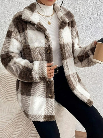 Raoulette Plaid Oversized Fluffy Button-Up Jacket