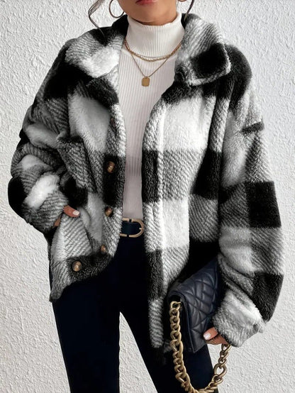 Raoulette Plaid Oversized Fluffy Button-Up Jacket