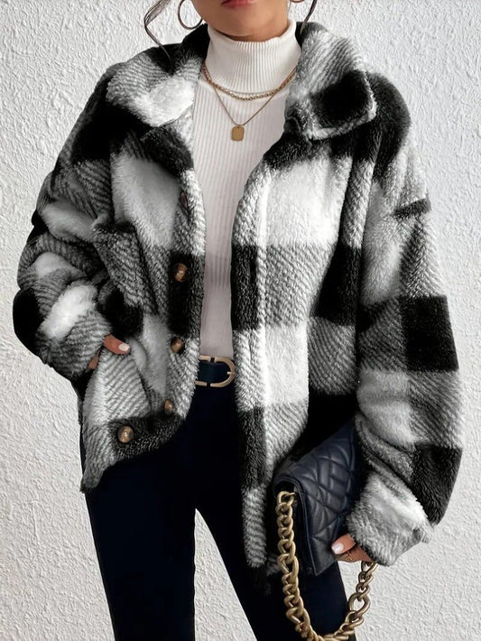 Raoulette Plaid Oversized Fluffy Button-Up Jacket