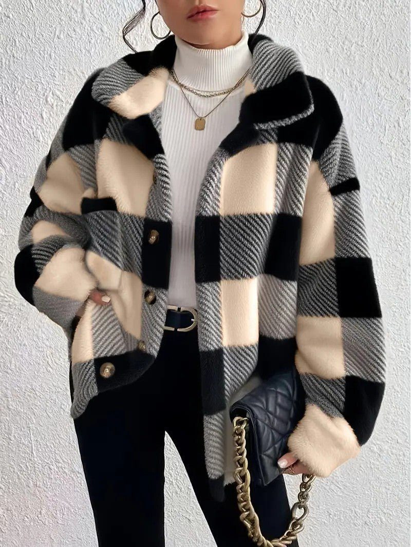 Raoulette Plaid Oversized Fluffy Button-Up Jacket