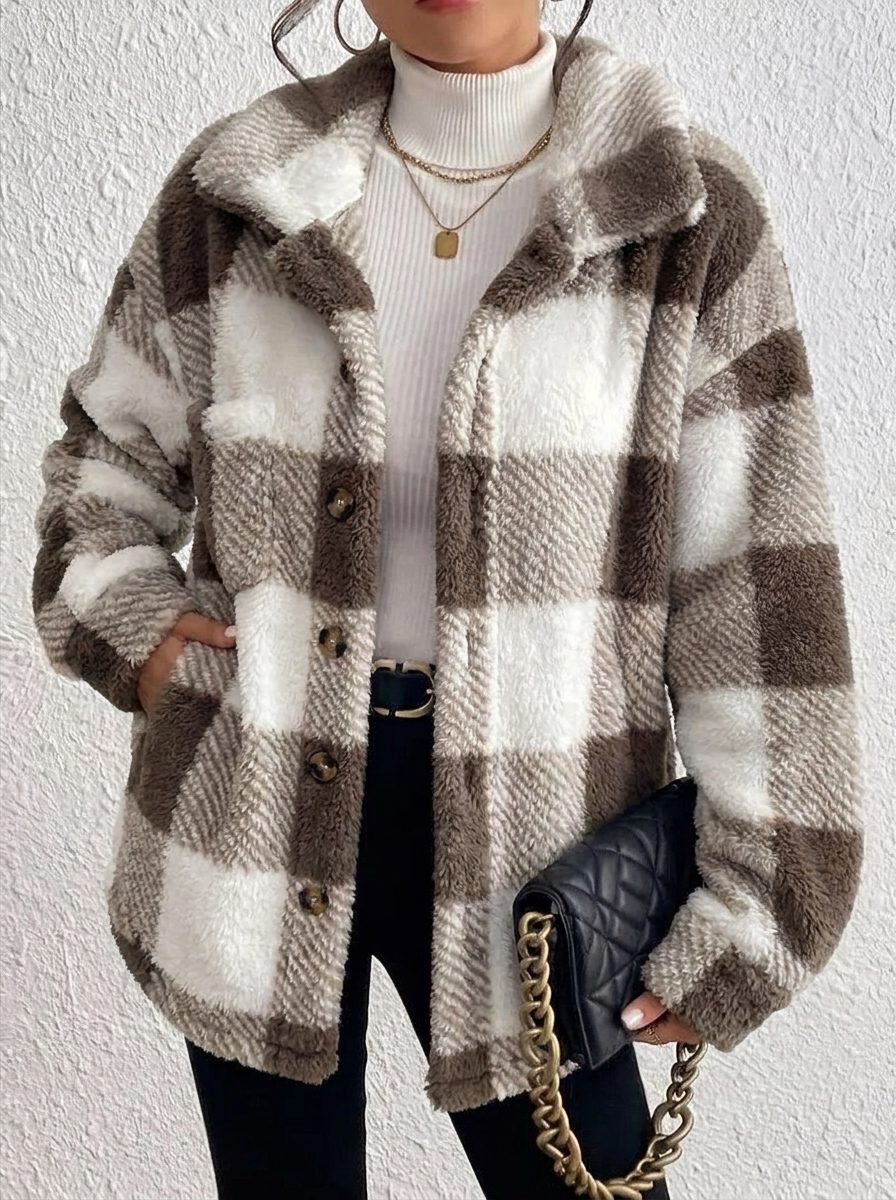 Raoulette Plaid Oversized Fluffy Button-Up Jacket