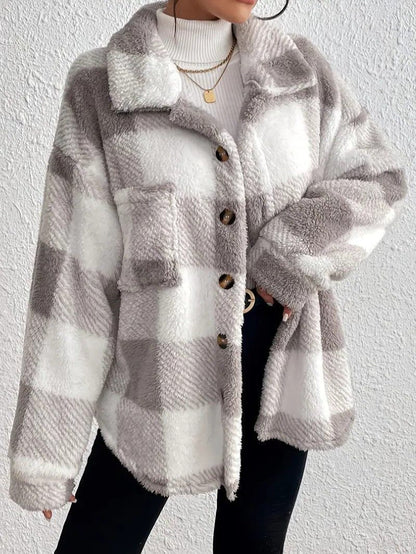Raoulette Plaid Oversized Fluffy Button-Up Jacket