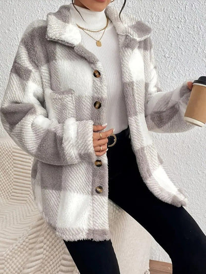 Raoulette Plaid Oversized Fluffy Button-Up Jacket