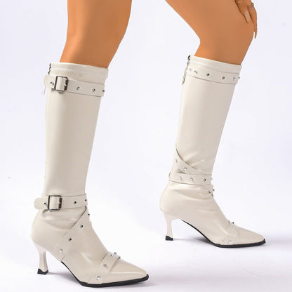 Dionysia Studded Knee-High Heeled Boots, Pointed Toe