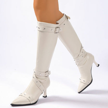 Dionysia Studded Knee-High Heeled Boots, Pointed Toe