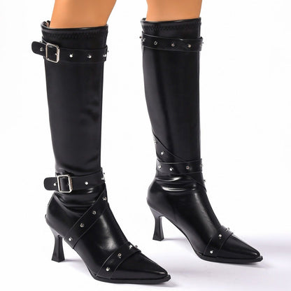 Dionysia Studded Knee-High Heeled Boots, Pointed Toe