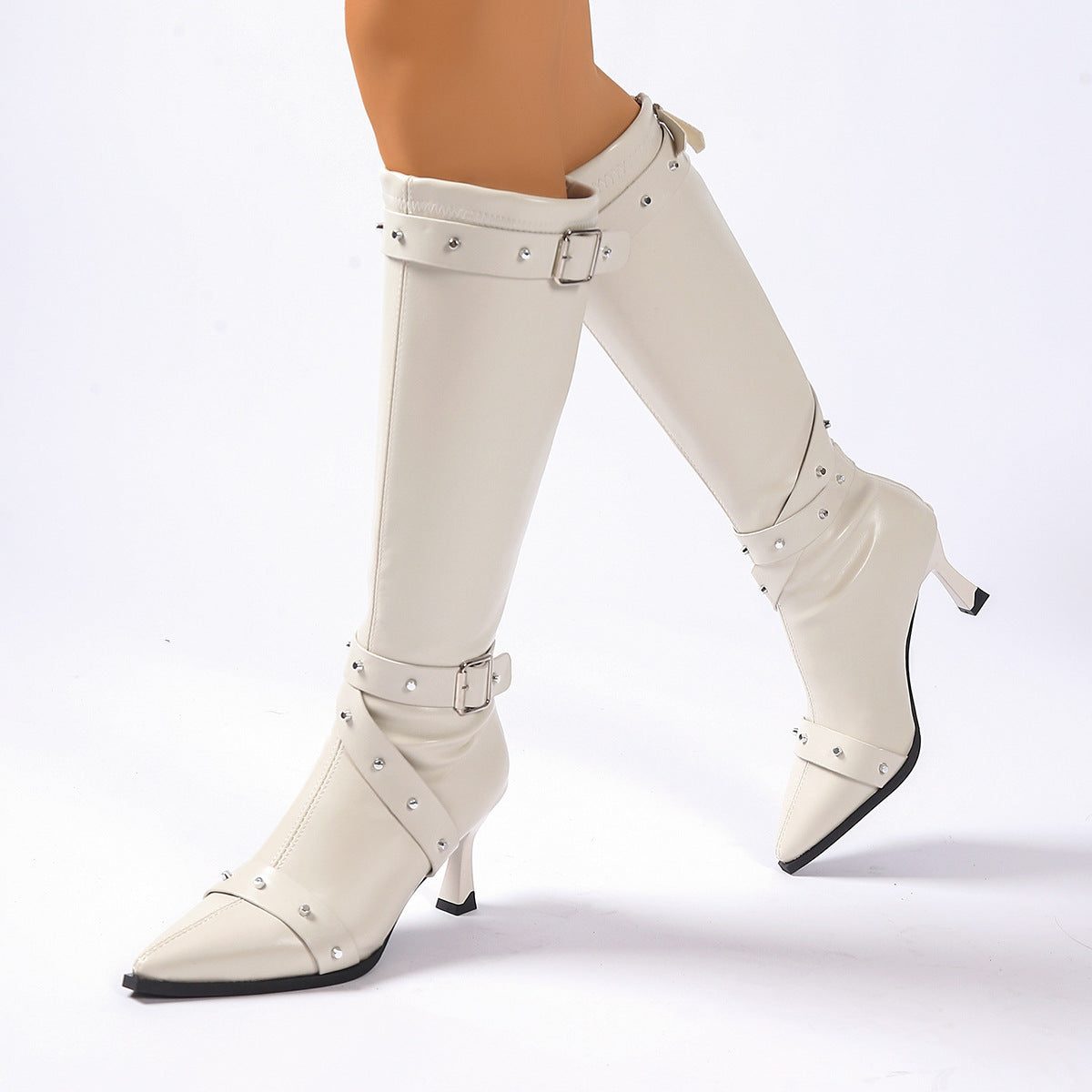 Dionysia Studded Knee-High Heeled Boots, Pointed Toe