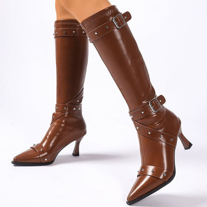 Dionysia Studded Knee-High Heeled Boots, Pointed Toe
