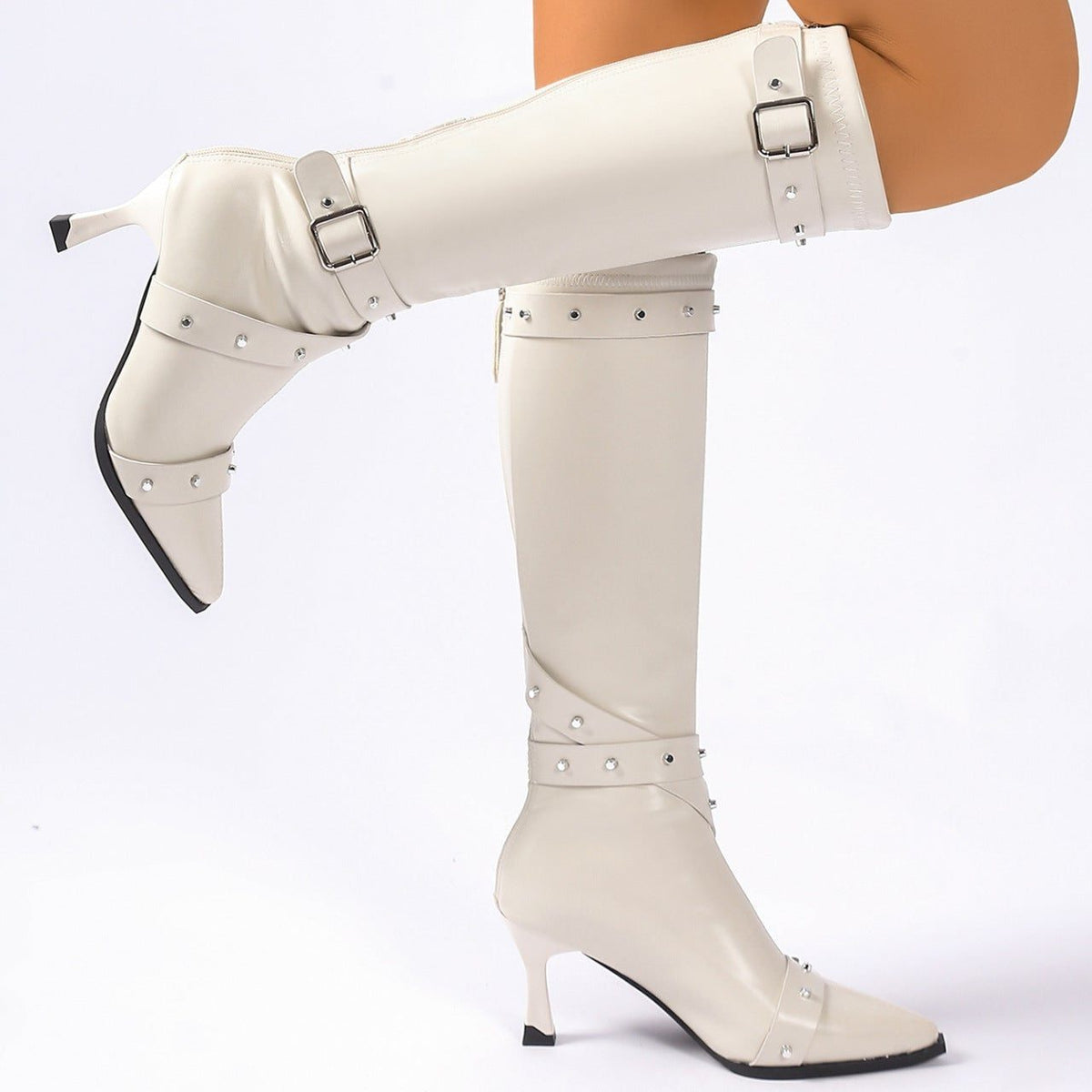 Dionysia Studded Knee-High Heeled Boots, Pointed Toe