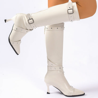 Dionysia Studded Knee-High Heeled Boots, Pointed Toe
