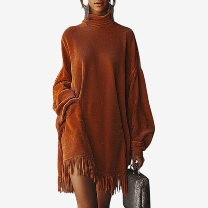 Ursine Ribbed Knit Turtleneck Dress with Fringe Hem