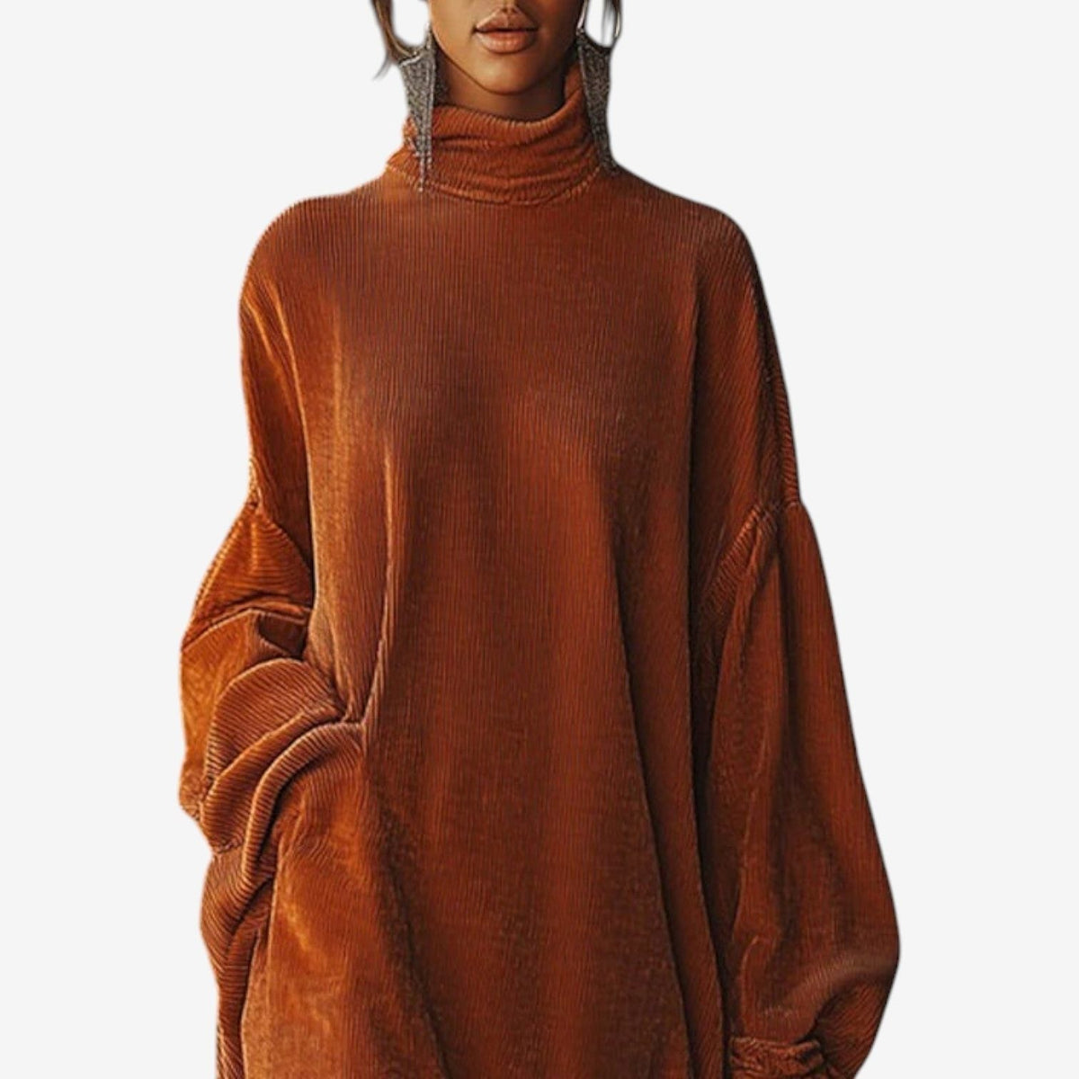 Ursine Ribbed Knit Turtleneck Dress with Fringe Hem