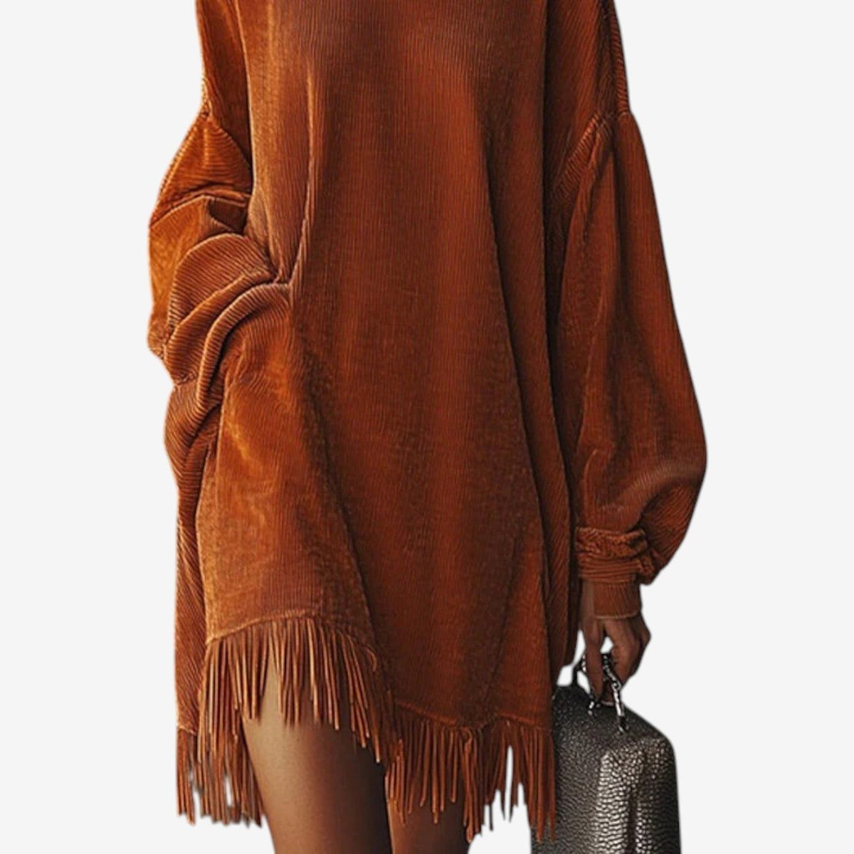 Ursine Ribbed Knit Turtleneck Dress with Fringe Hem