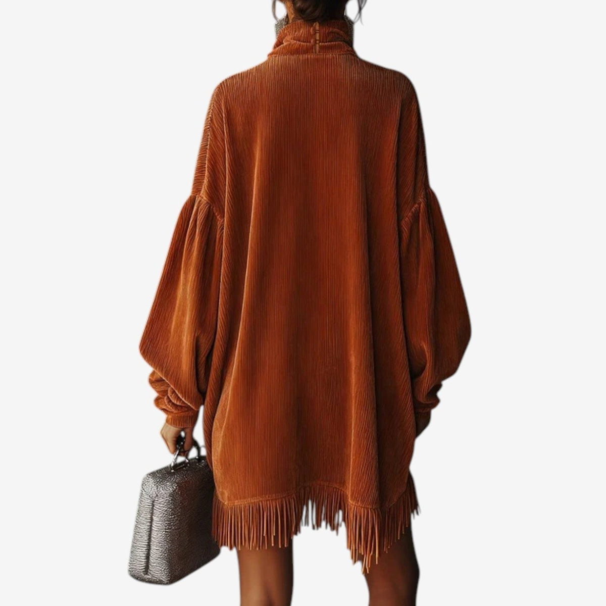Ursine Ribbed Knit Turtleneck Dress with Fringe Hem
