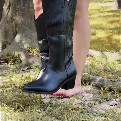 Roheise Black Western Knee-High Cowboy Boots