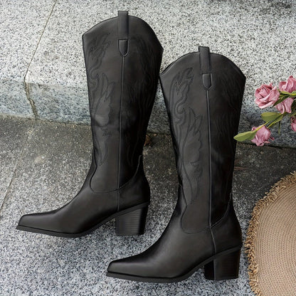 Roheise Black Western Knee-High Cowboy Boots