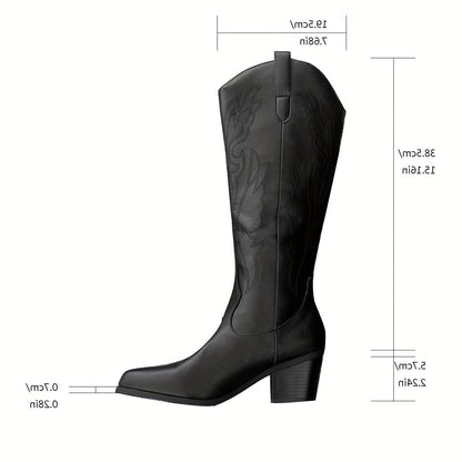 Roheise Black Western Knee-High Cowboy Boots