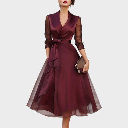 Blandine Wrap Midi Dress for Evenings, Sheer Sleeves