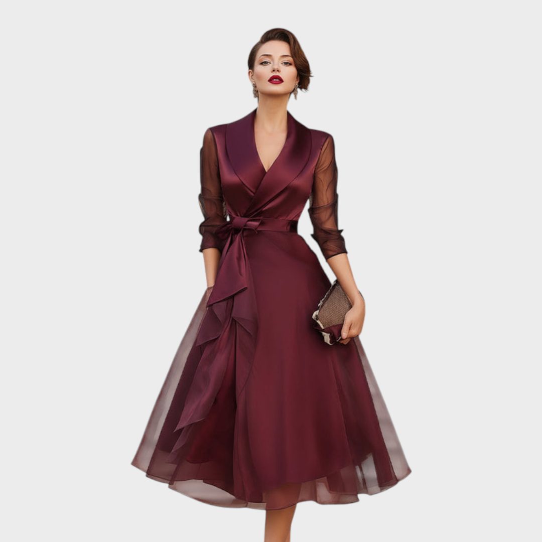 Blandine Wrap Midi Dress for Evenings, Sheer Sleeves