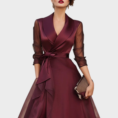 Blandine Wrap Midi Dress for Evenings, Sheer Sleeves