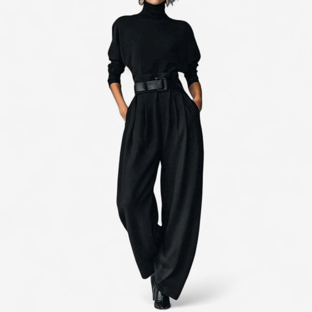 Hersende Belted Wide Leg Jumpsuit for Work, Roll Neck