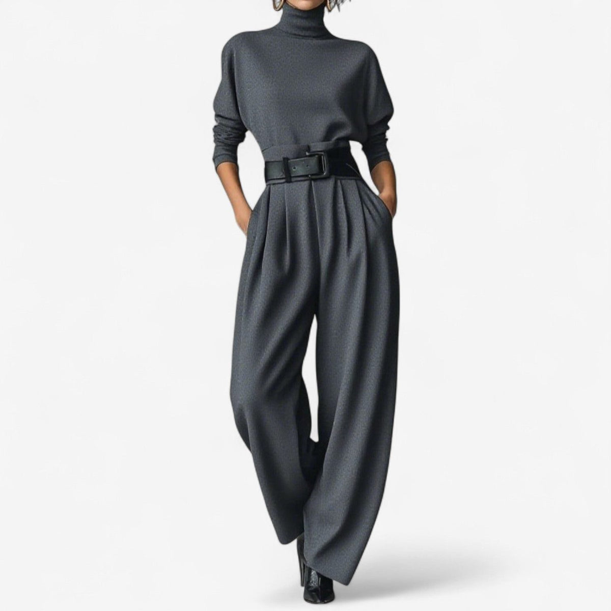 Hersende Belted Wide Leg Jumpsuit for Work, Roll Neck