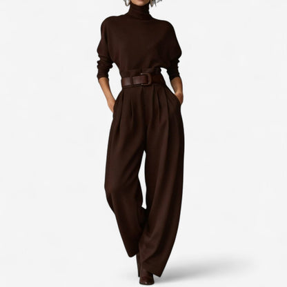 Hersende Belted Wide Leg Jumpsuit for Work, Roll Neck