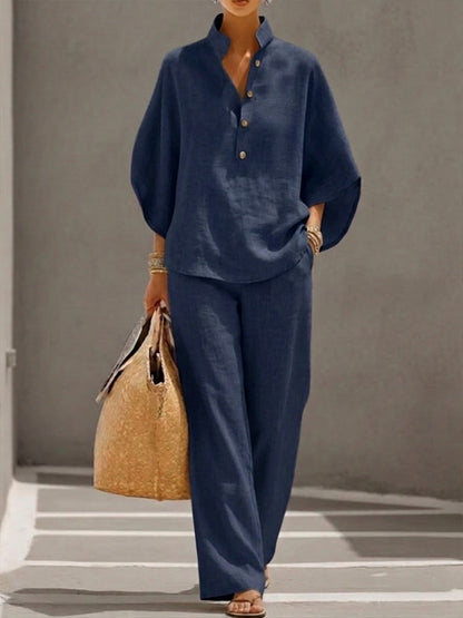 Guillemine Linen Wide Leg Set with Batwing Sleeves