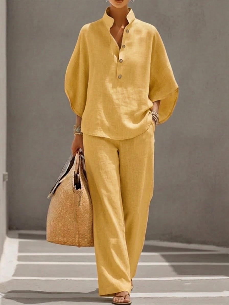 Guillemine Linen Wide Leg Set with Batwing Sleeves